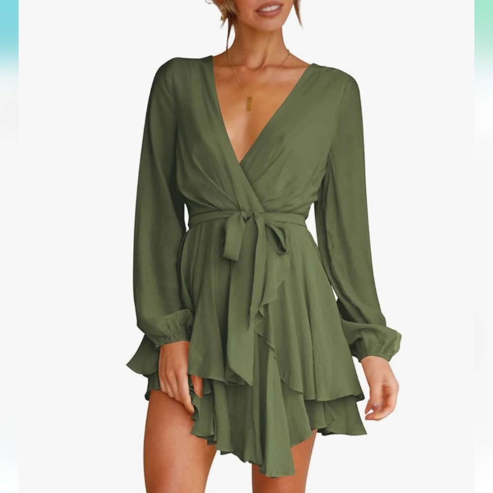 Cosonsen Dress Deep V-Neck Waist Tie Ruffle Mini Swing Skate Size M